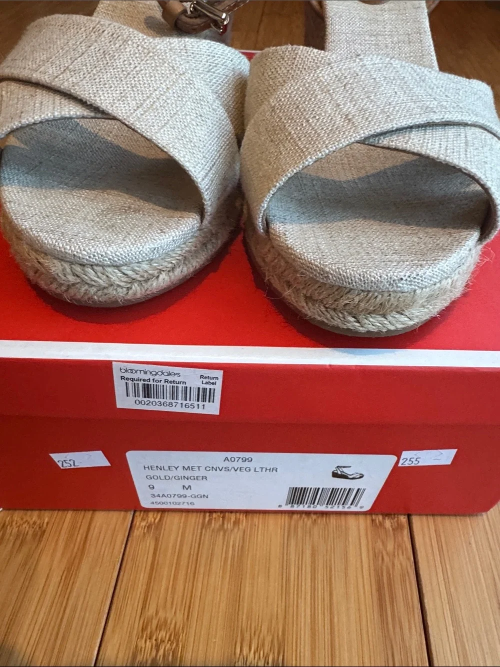 Coach Neutral Linen Espadrille Wedges with Brown Leather Ankle Straps